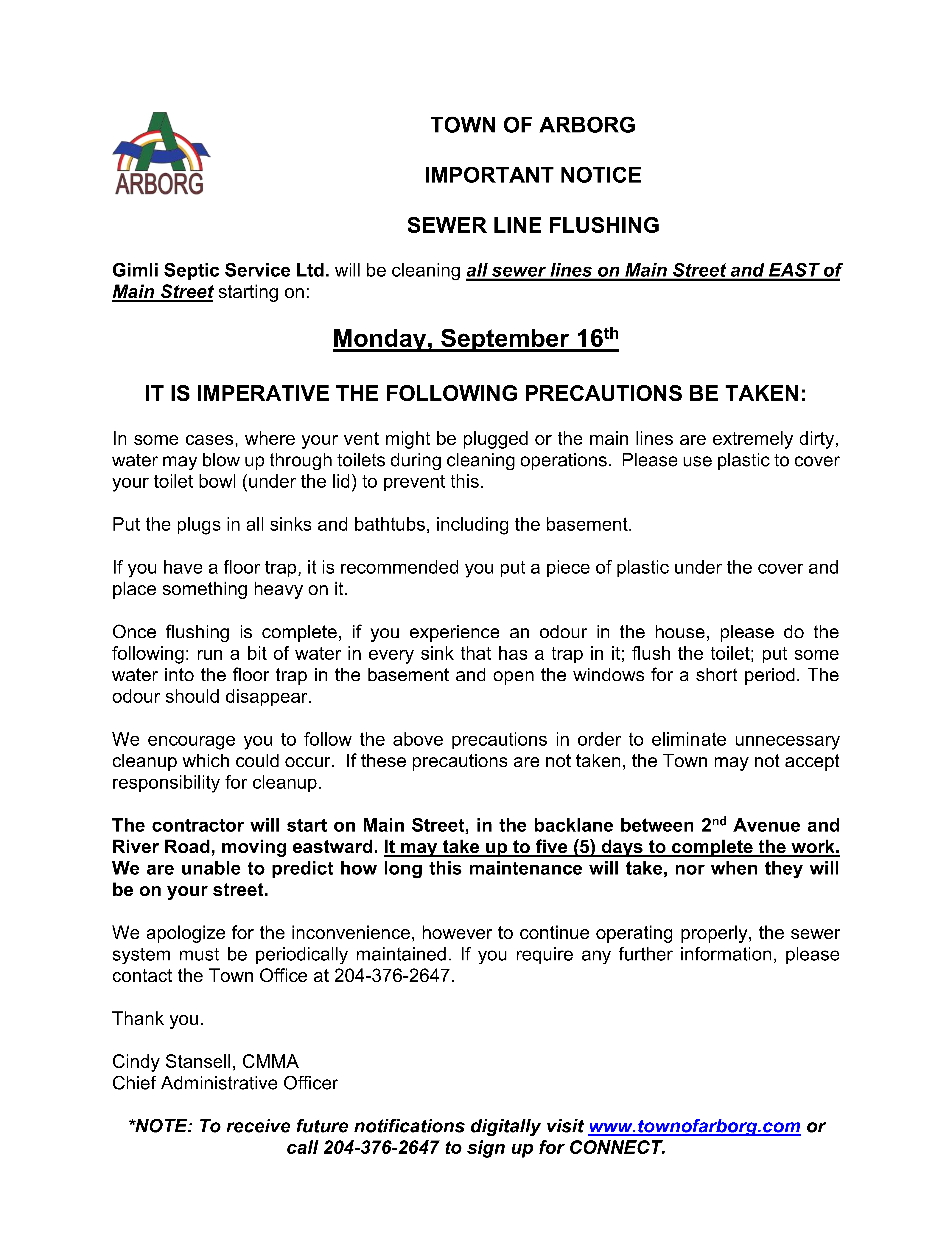 Public Notice Sewer Line Flushing Main Street East of Tracks 2024